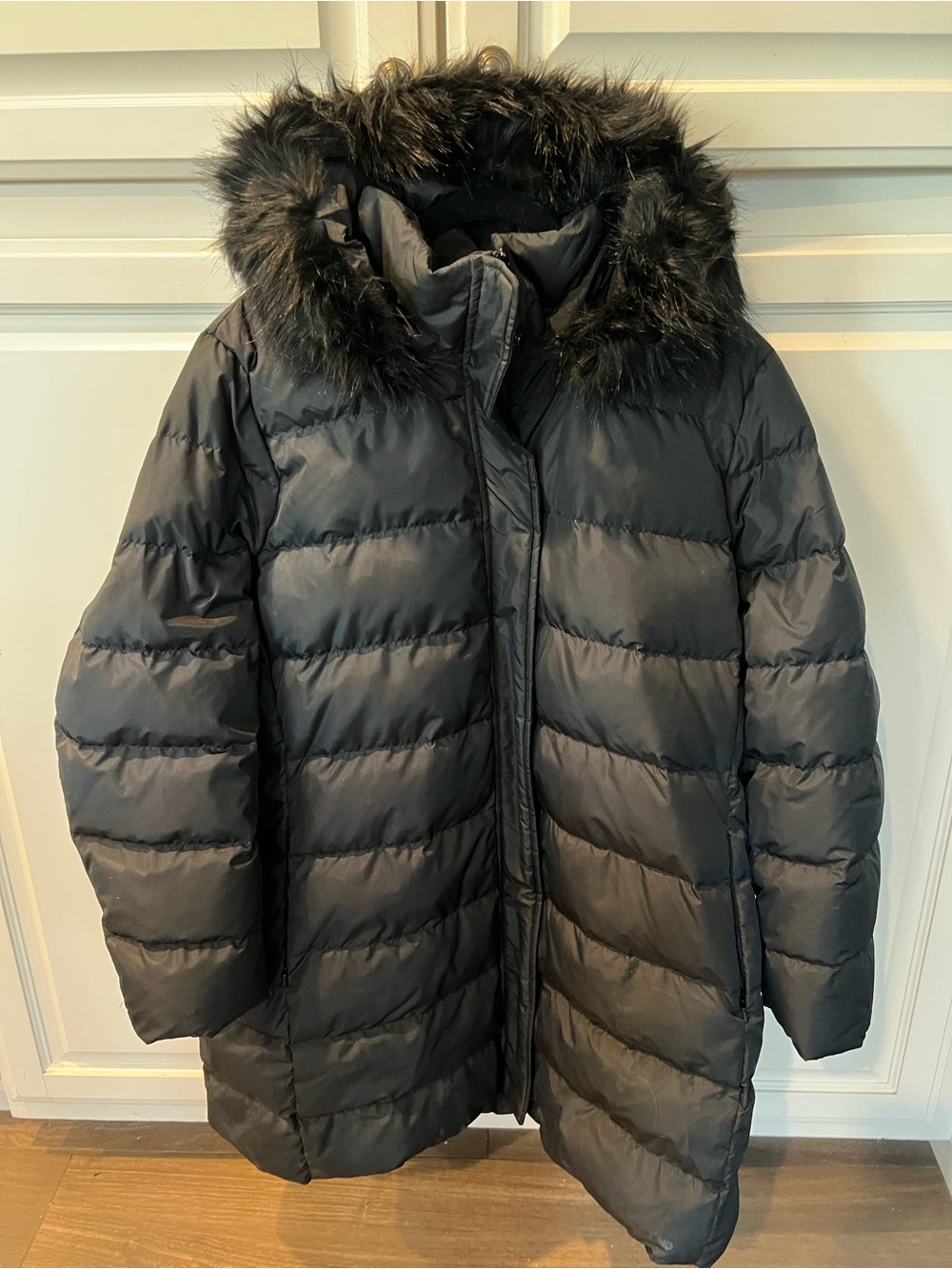 Lands' End Women's Black Quilted Puffer Coat with Faux Fur Hood
